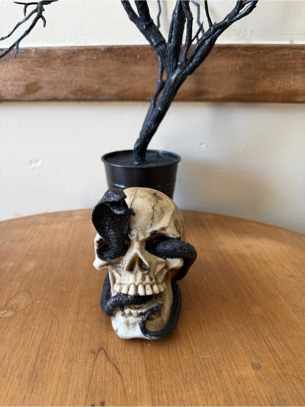 Halloween Skull Sculpture with Black glittery Snake Accent